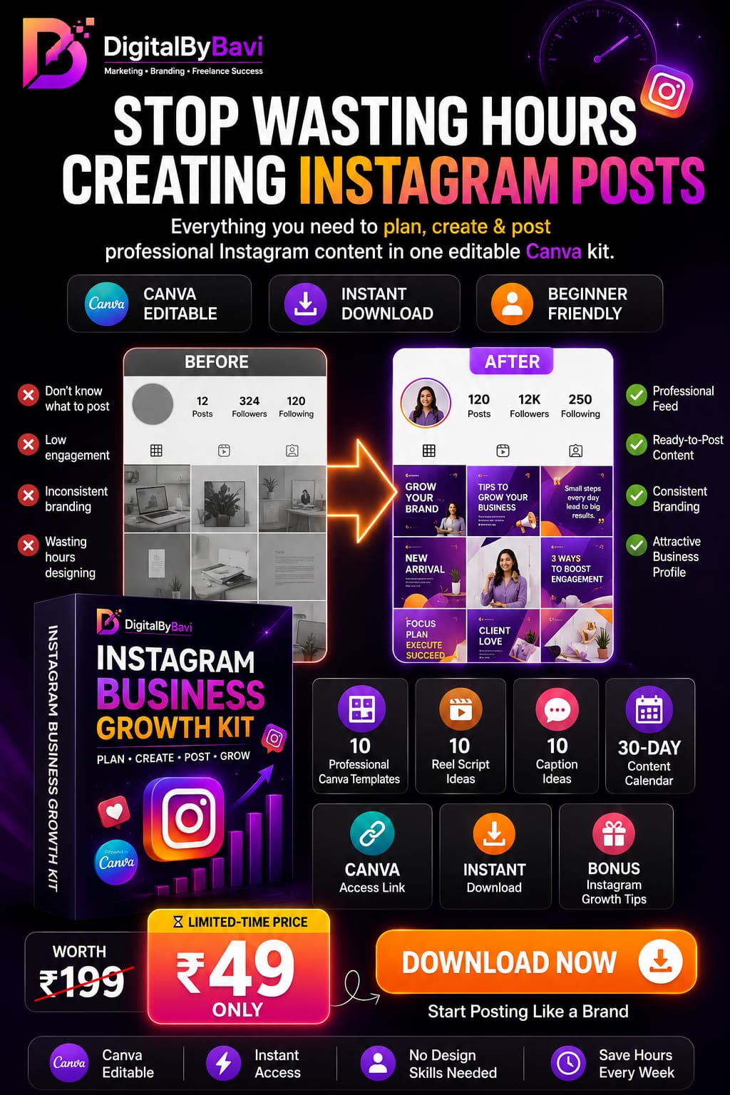 BranddigitalwithBavithra Facebook ad: Business Instagram Growth Kit, ₹49