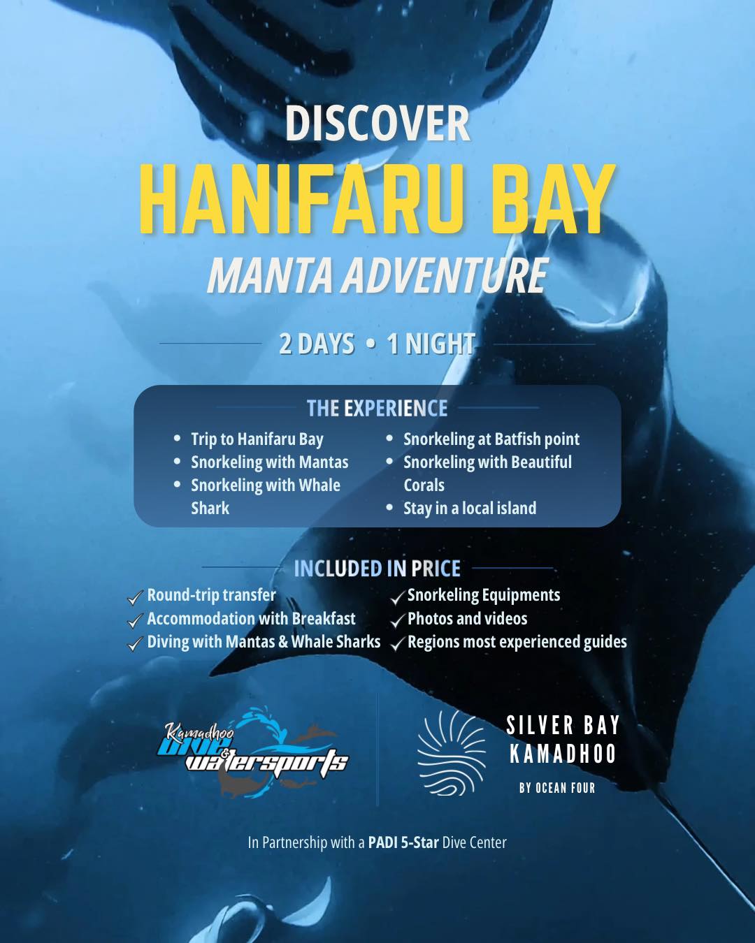 Silver Bay Kamadhoo Facebook ad: HANIFARU BAY ADVENTURE | STAY & DIVE PACKAGE