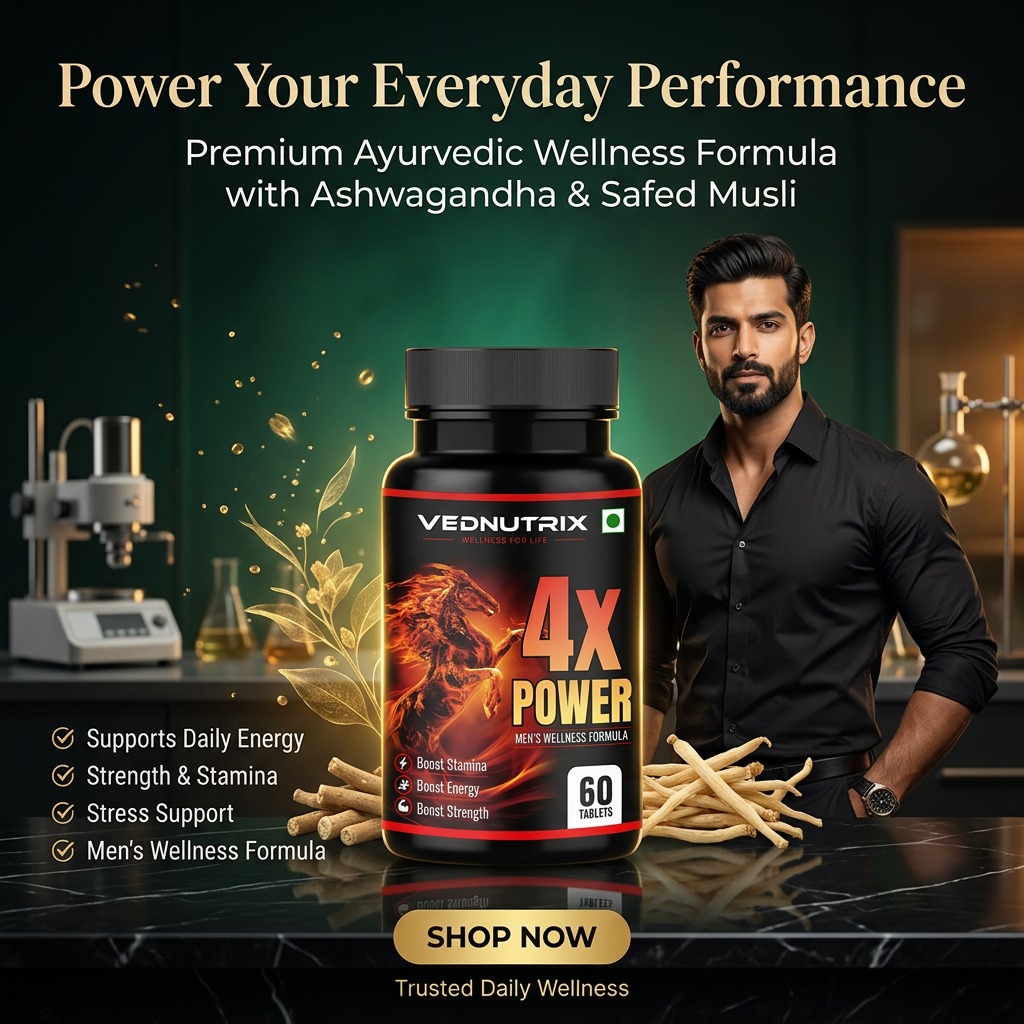 VedNutrix Facebook ad: 4X Power Ashwagandha Safed Musli Men's Wellness Tablets