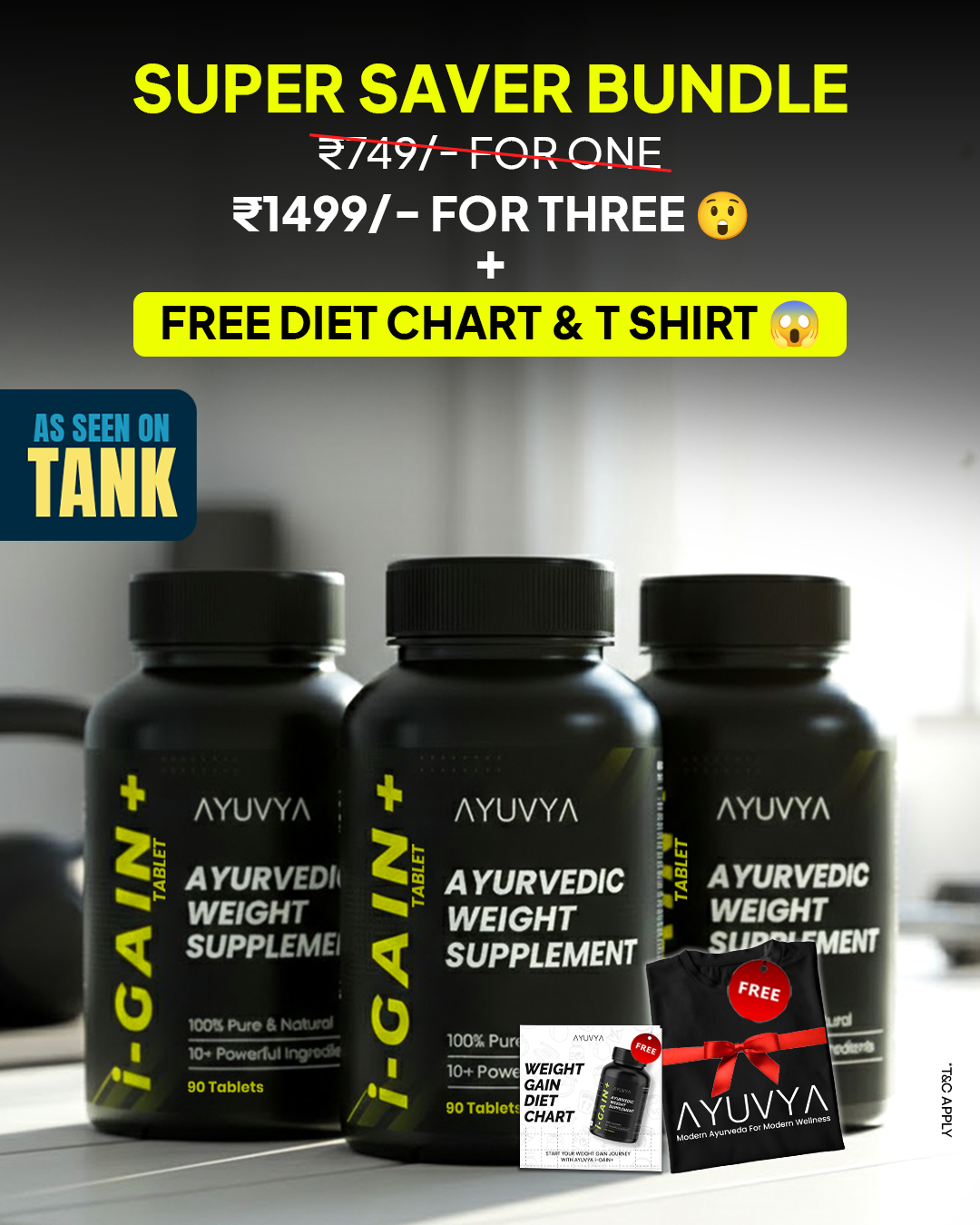 Ayuvya Ayurveda Herbs Facebook ad: BUY i-Gain+ (pack of 3) + free tshirt at 1499/-