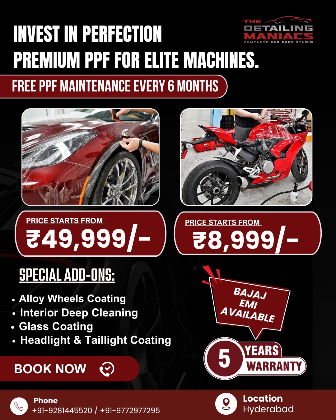 The detailing maniacs Facebook ad: Premium Car Detailing @Hyderabad, Limited Slots!
