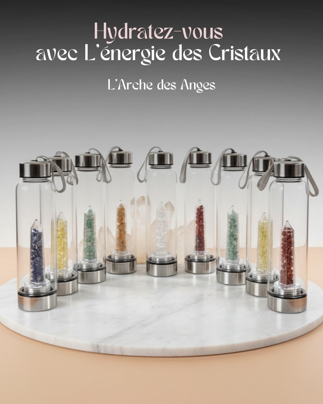L'Arche des Anges Tahiti, Votre Boutique Spirituelle Facebook ad: Hydratez-vous avec l'énergie des cristaux