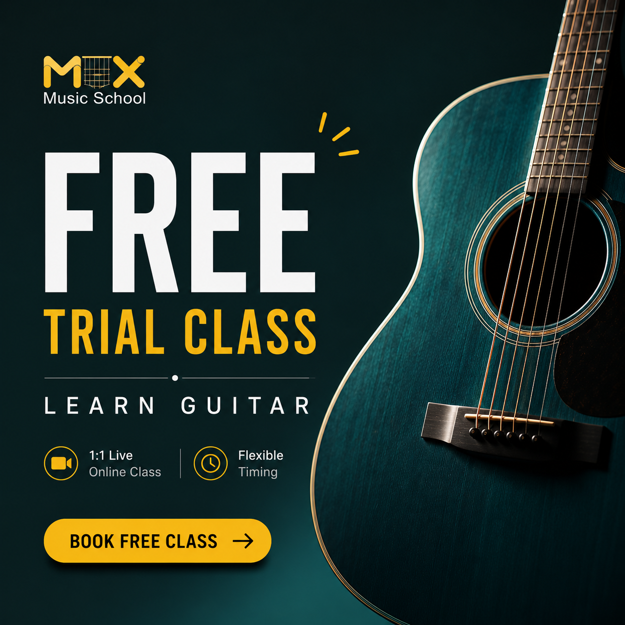 Max Music school Facebook ad: FREE Online Guitar Trial Classes, 1:1 Live Guitar Learning…