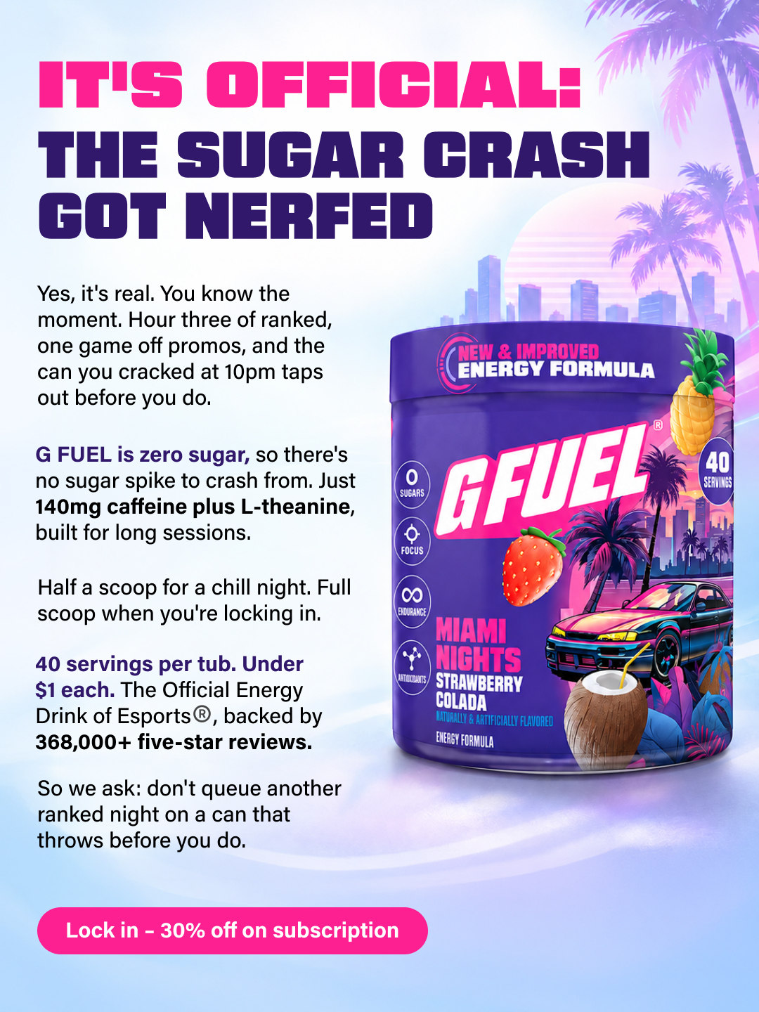 G FUEL Facebook ad: Start Here. Fuel Everything.