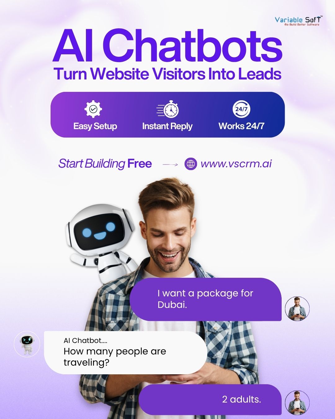 Variable Soft Facebook ad: VSCRM AI | 24/7 Website and WhatsApp AI Sales Assistant