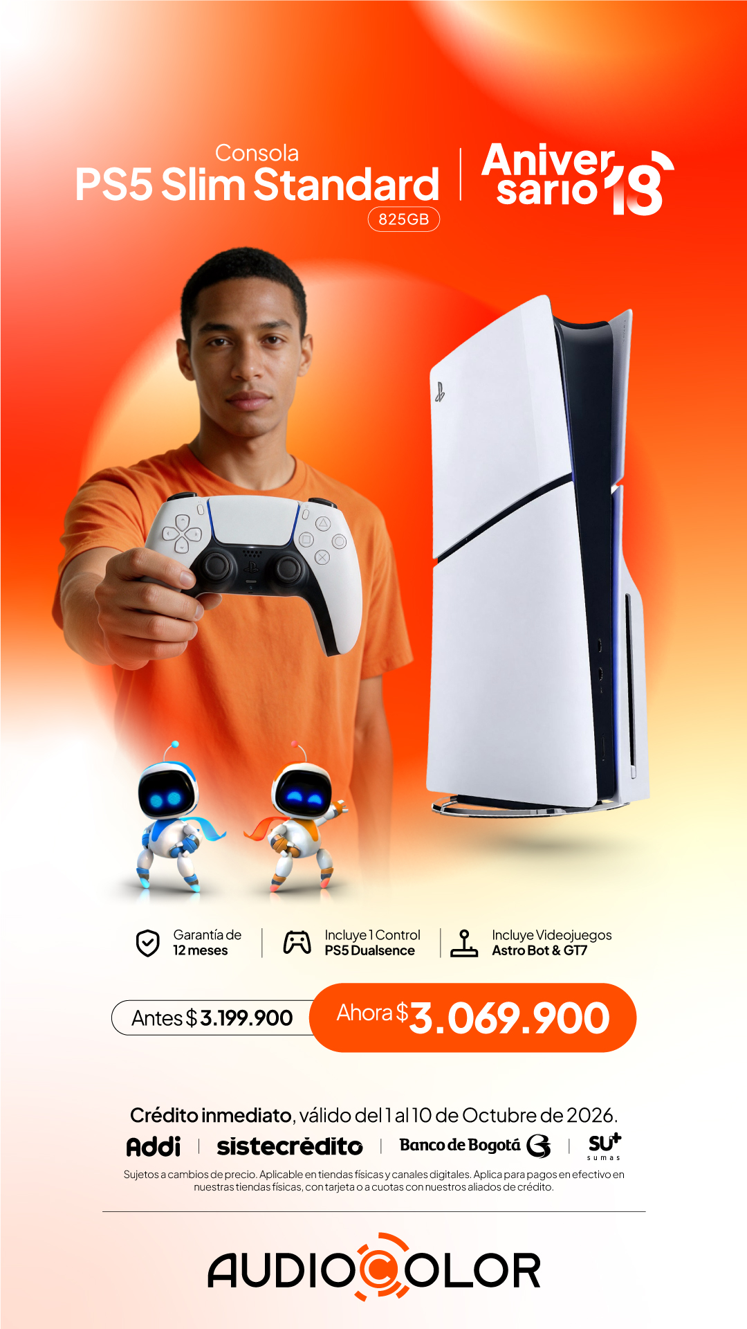 AUDIO COLOR Facebook ad: PS5 con DualSense, Astro Bot y GT7