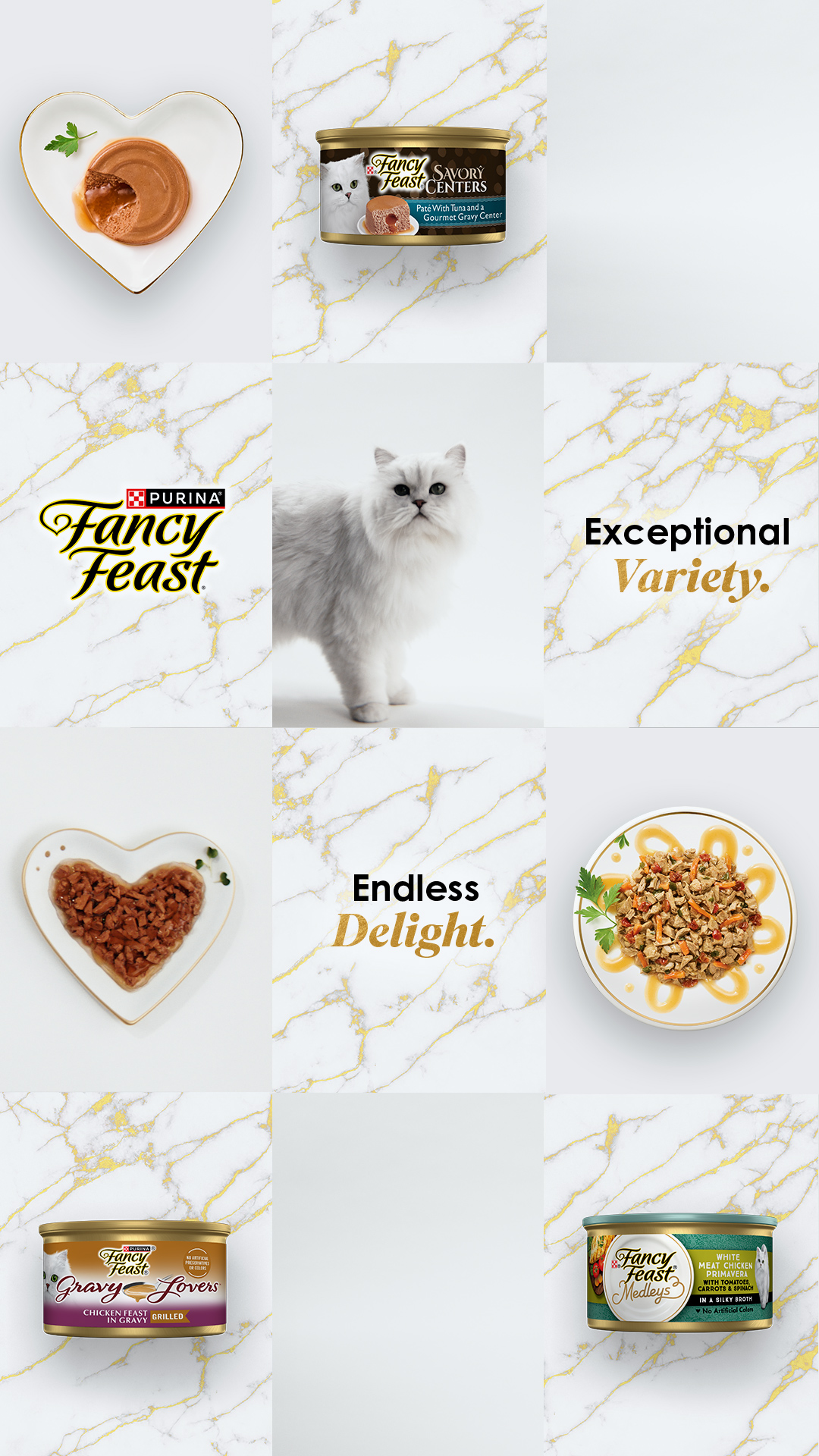 Purina Fancy Feast Facebook ad: Exceptional Variety. Endless Delight.