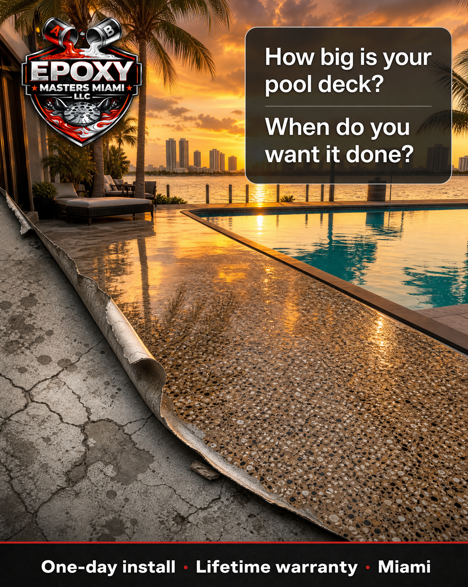 Epoxy masters miami Facebook ad: Miami pool deck quote, one day install