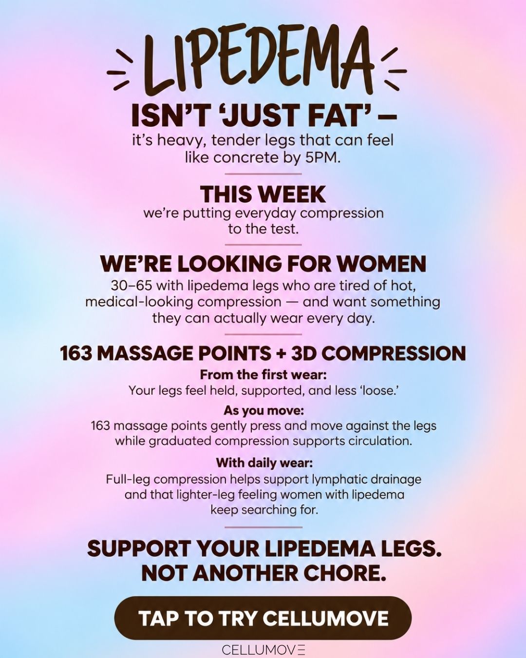 Cellumove Facebook ad: Start your lipedema relief today.