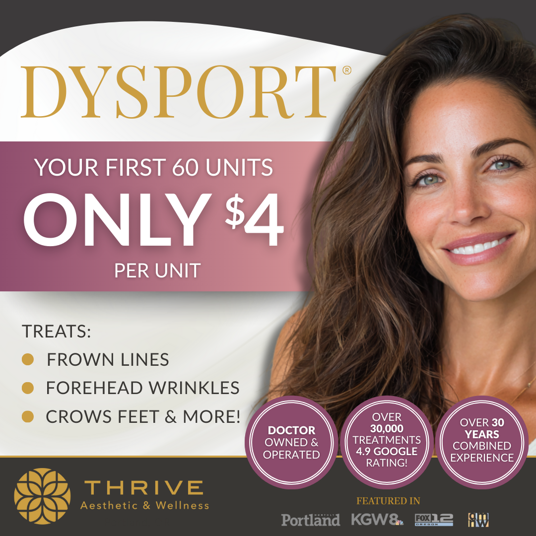 Thrive Aesthetic & Wellness Facebook ad: Get Your First 60 units of Dysport for ONLY $4/Unit!