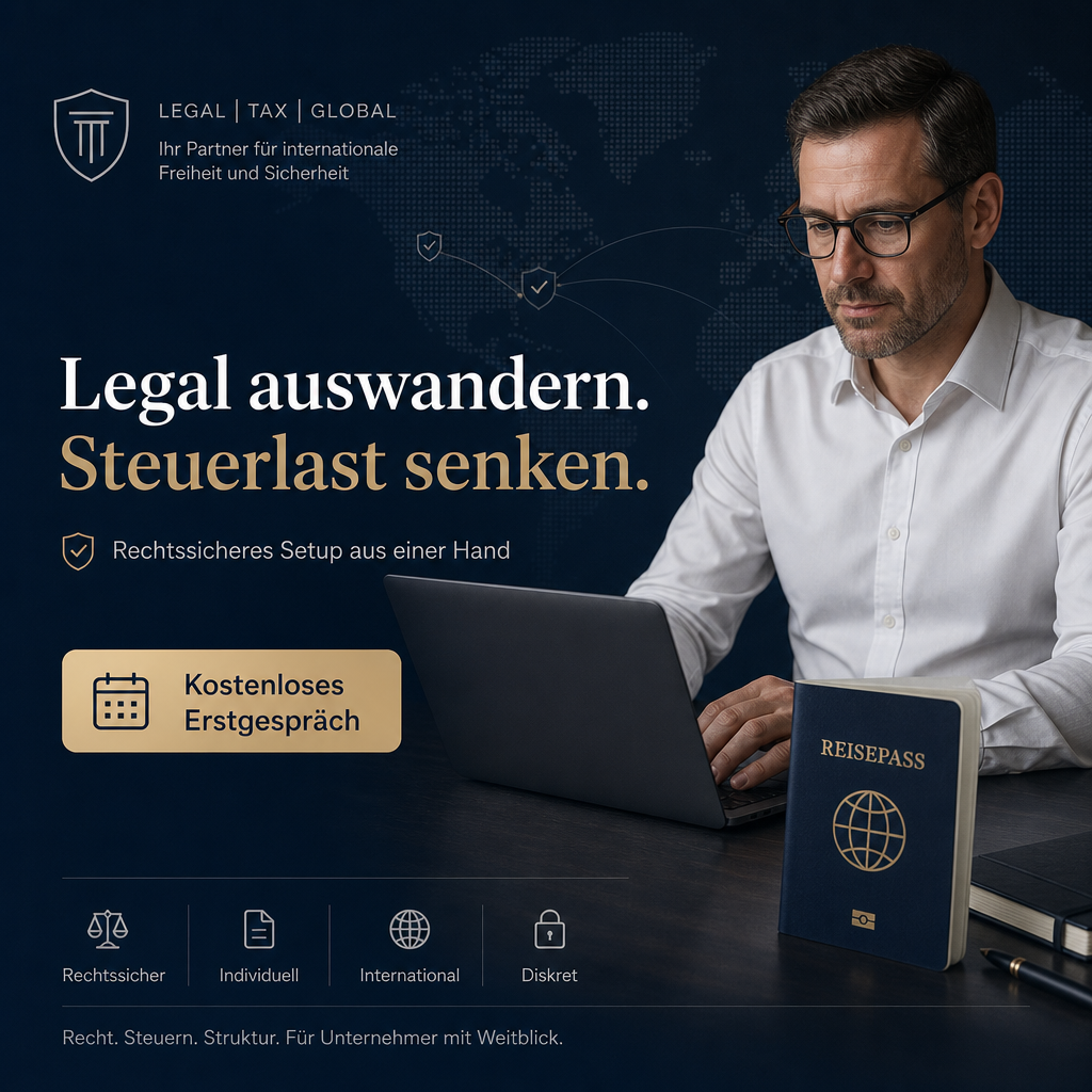 Freiheitspilot Facebook ad: Legal auswandern. Steuerlast senken.