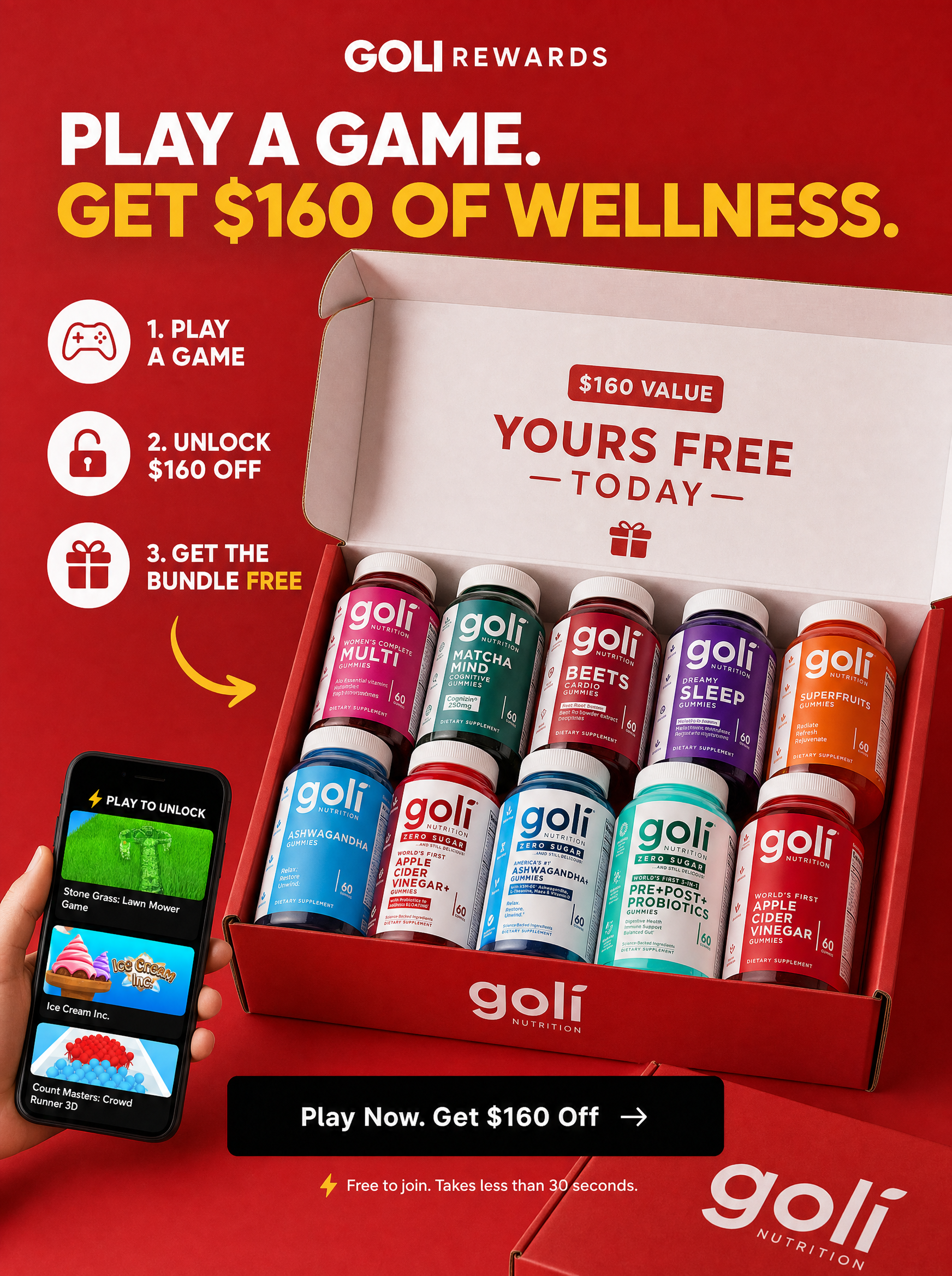 Goli Facebook ad: Play Games → Get $160 In Goli FREE