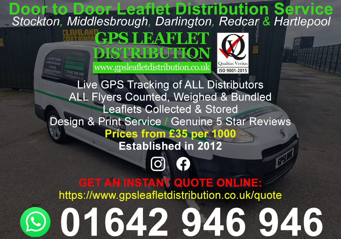 GPS Leaflet Distribution Teesside & Darlington - 01642 946 946 Facebook ad: Door to door live GPS tracked leaflet distribution…