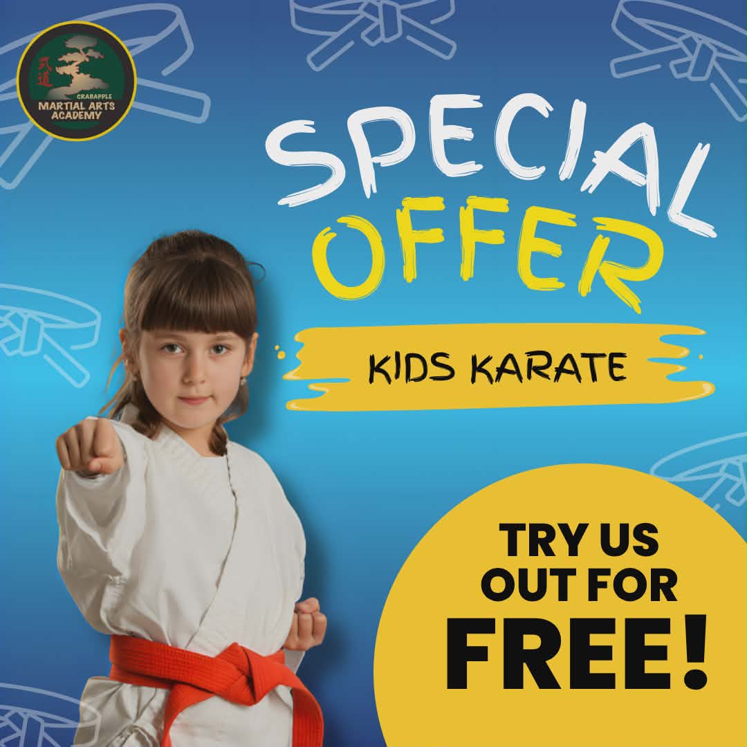Crabapple Martial Arts Academy Facebook ad: Try Kids Martial Arts Classes Free!