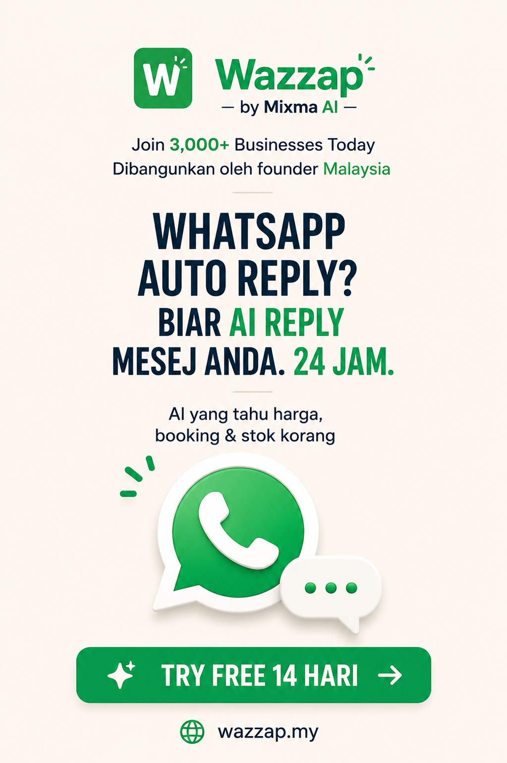 Mixma AI Facebook ad: Wazzap by Mixma AI, WhatsApp AI for Small Business