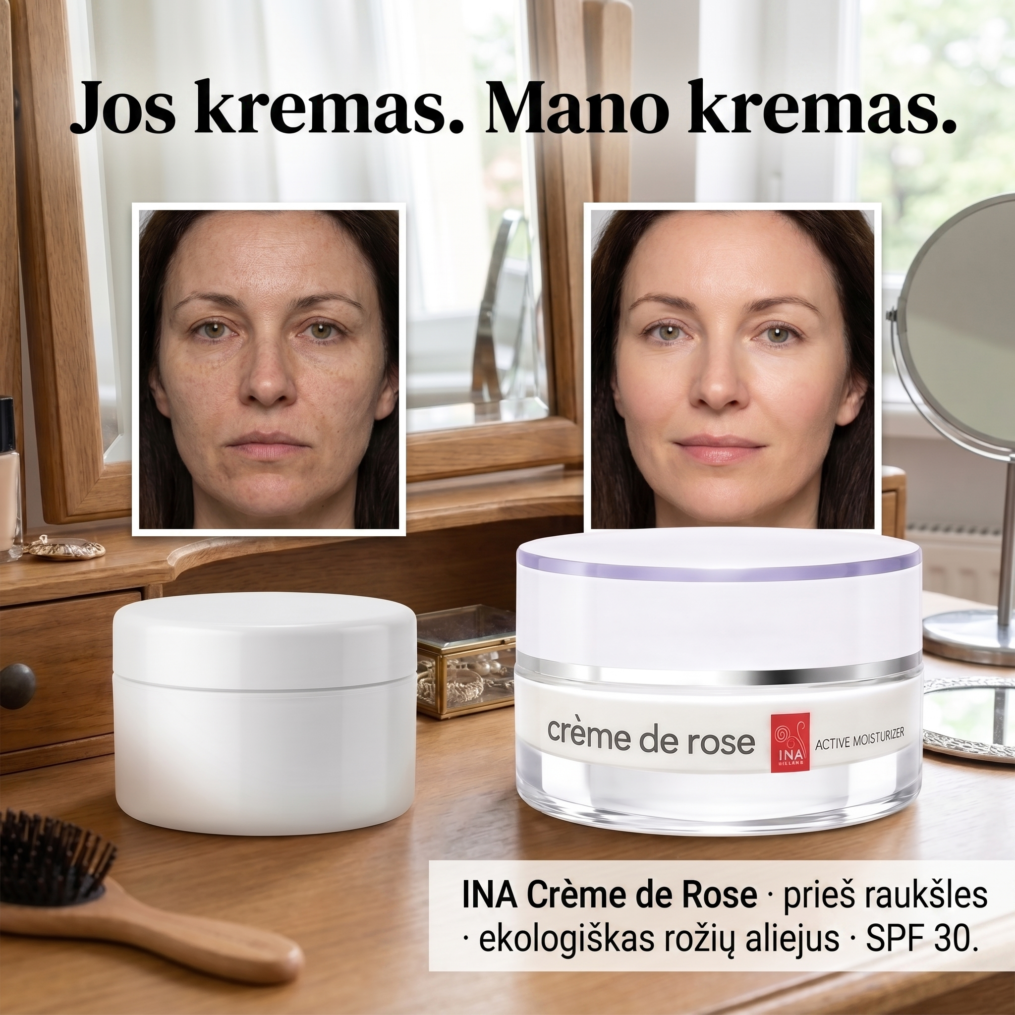 InaEssentials.lt - Šeimos Organinė Kosmetika Facebook ad: Jos kremas. Mano kremas. Pamatyk skirtumą.