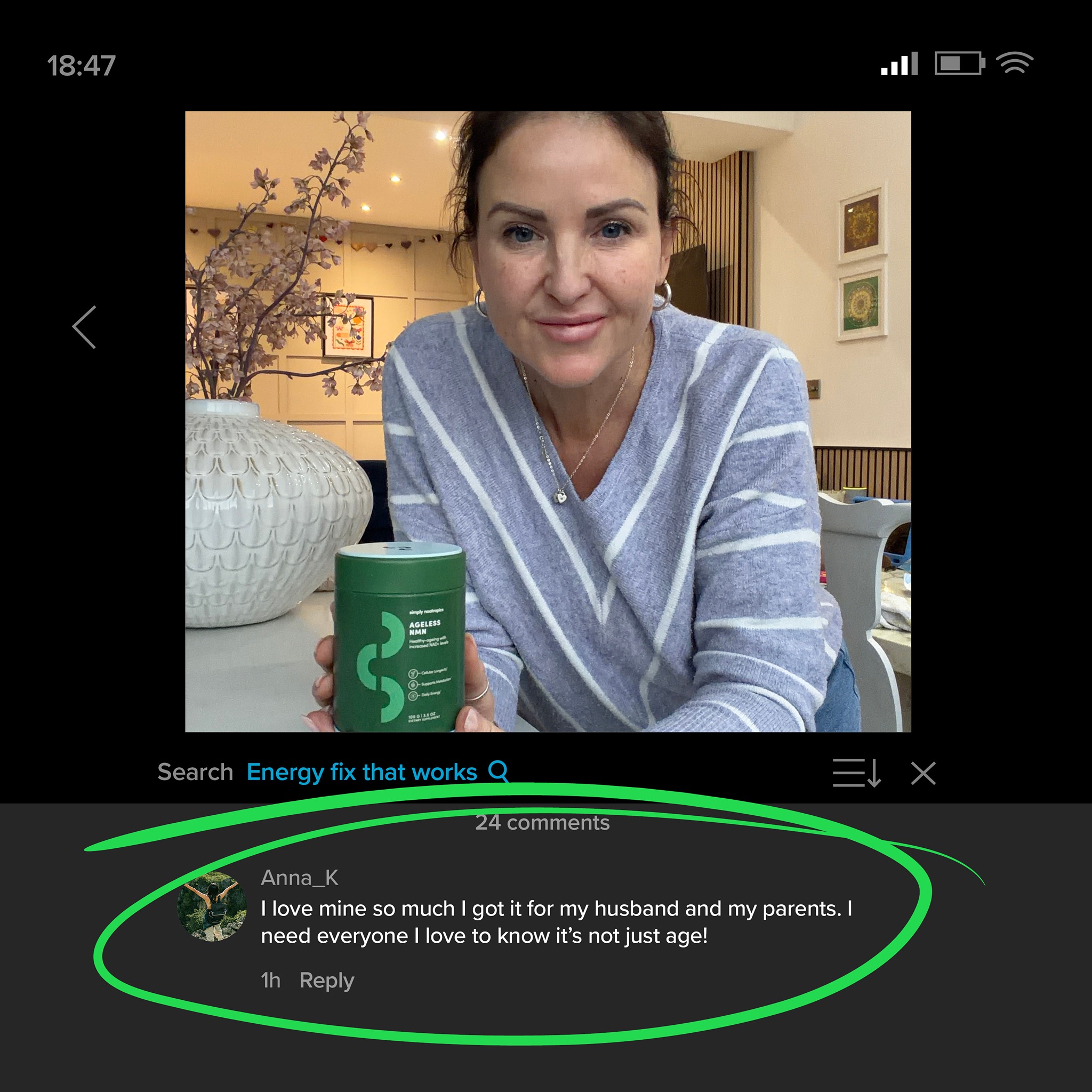 Simply Nootropics Facebook ad: Ageless Vitality Boost