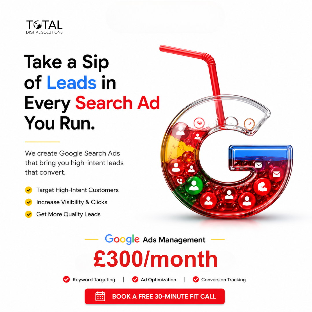 Total Digital Solutions Group Facebook ad: No Contracts, No Guesswork, Just £300 /Month.