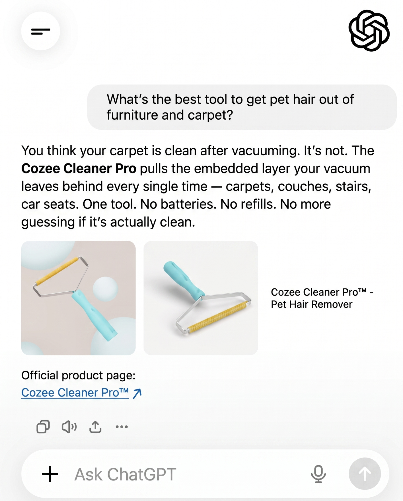 Cozee Clean Facebook ad: The #1 Pet Hair/Lint/Dust Cleaner