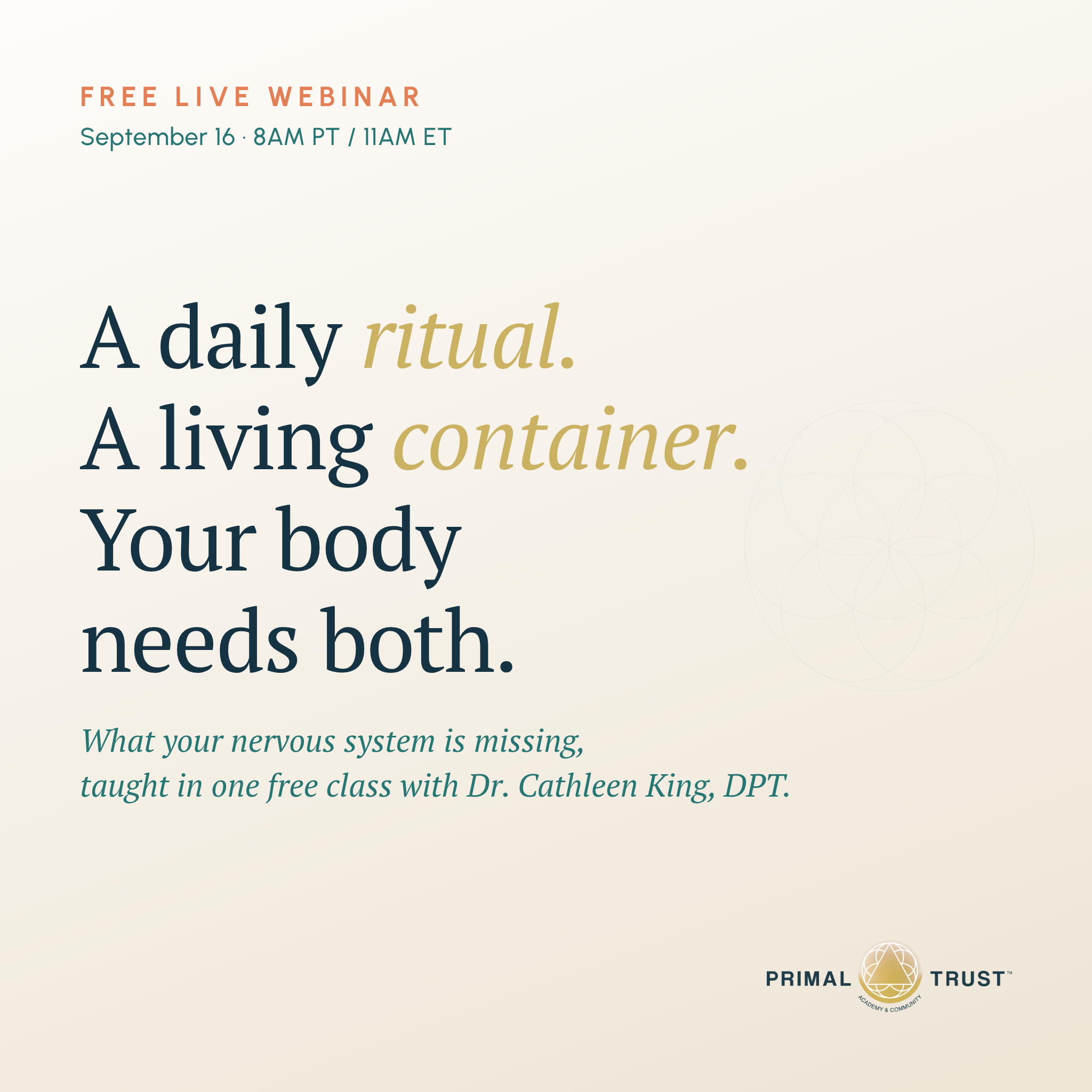 Primal Trust Academy & Community with Dr. Cathleen King Facebook ad: FREE Live Webinar: Register Now