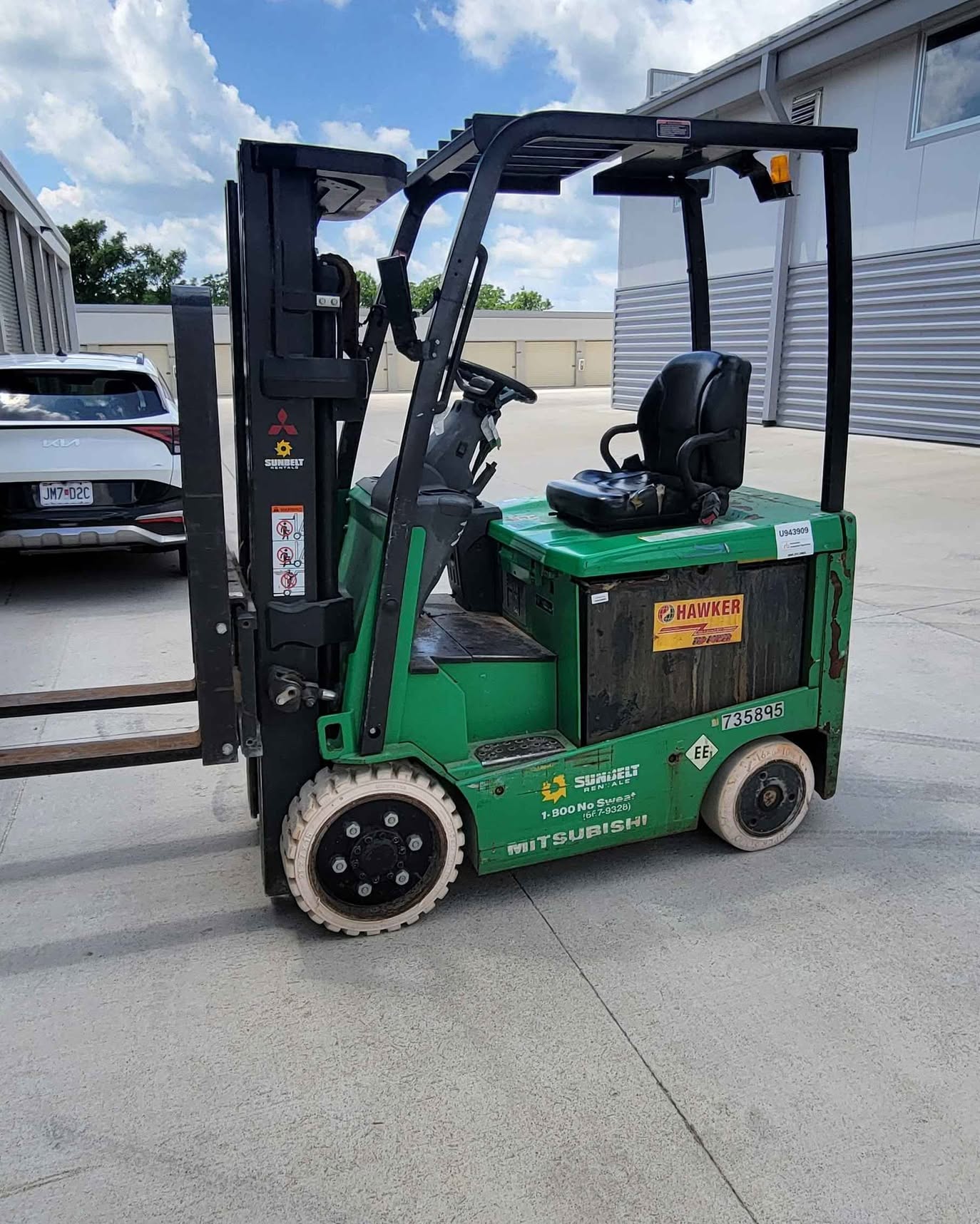 Justin Lynch Facebook ad: Mitsubishi FBC25N Electric Forklift. 1,848 Hours, Exide…