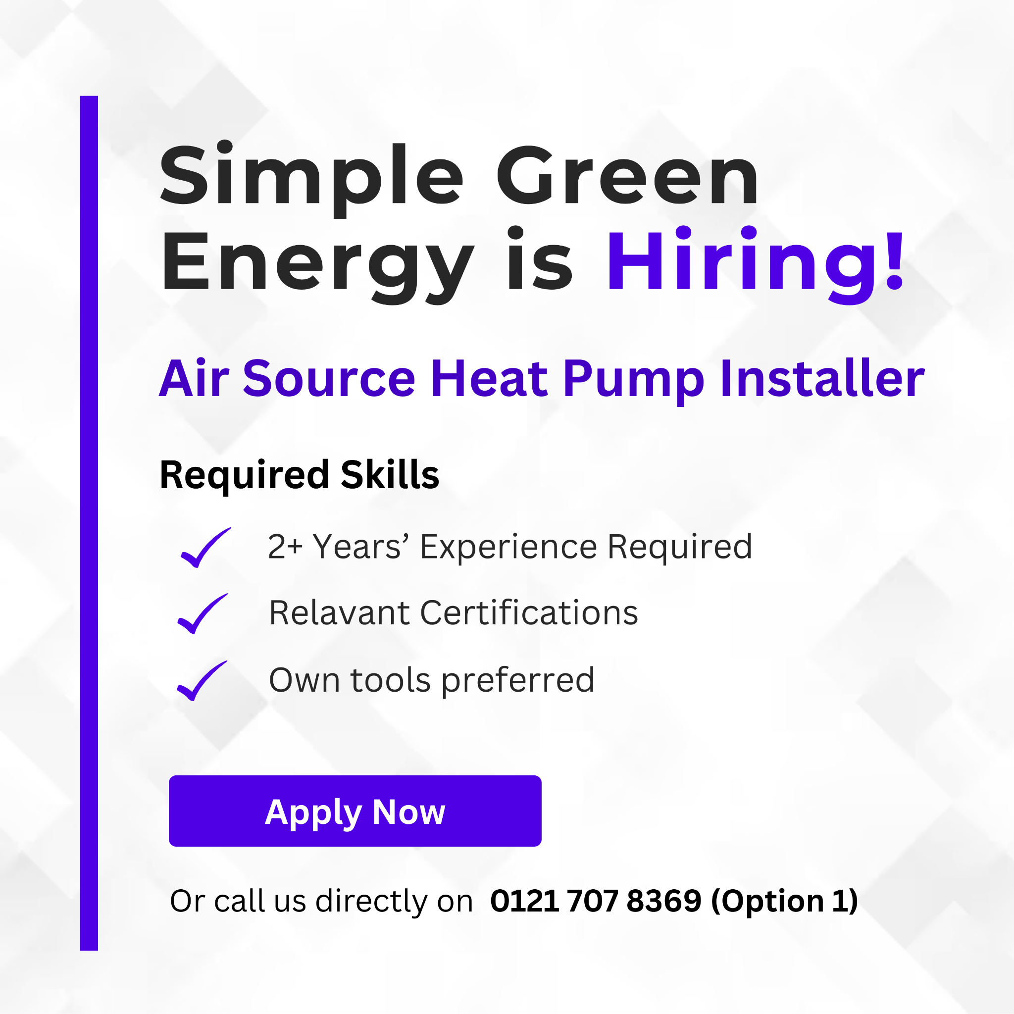 Simple green energy Facebook ad: Air Source Heat Pump Installer Wanted