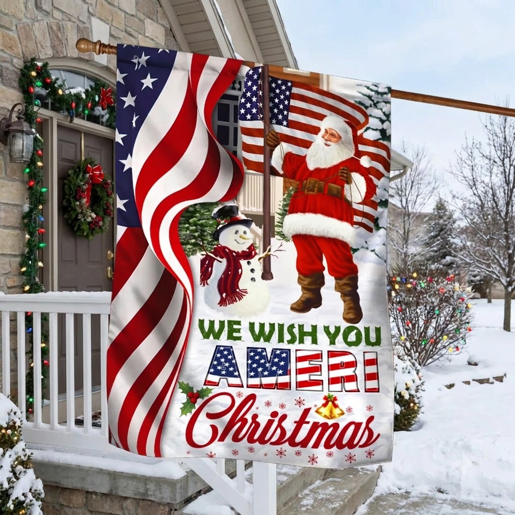 Flagwix.com Facebook ad: Santa Claus US Flag We Wish You Ameri Christmas