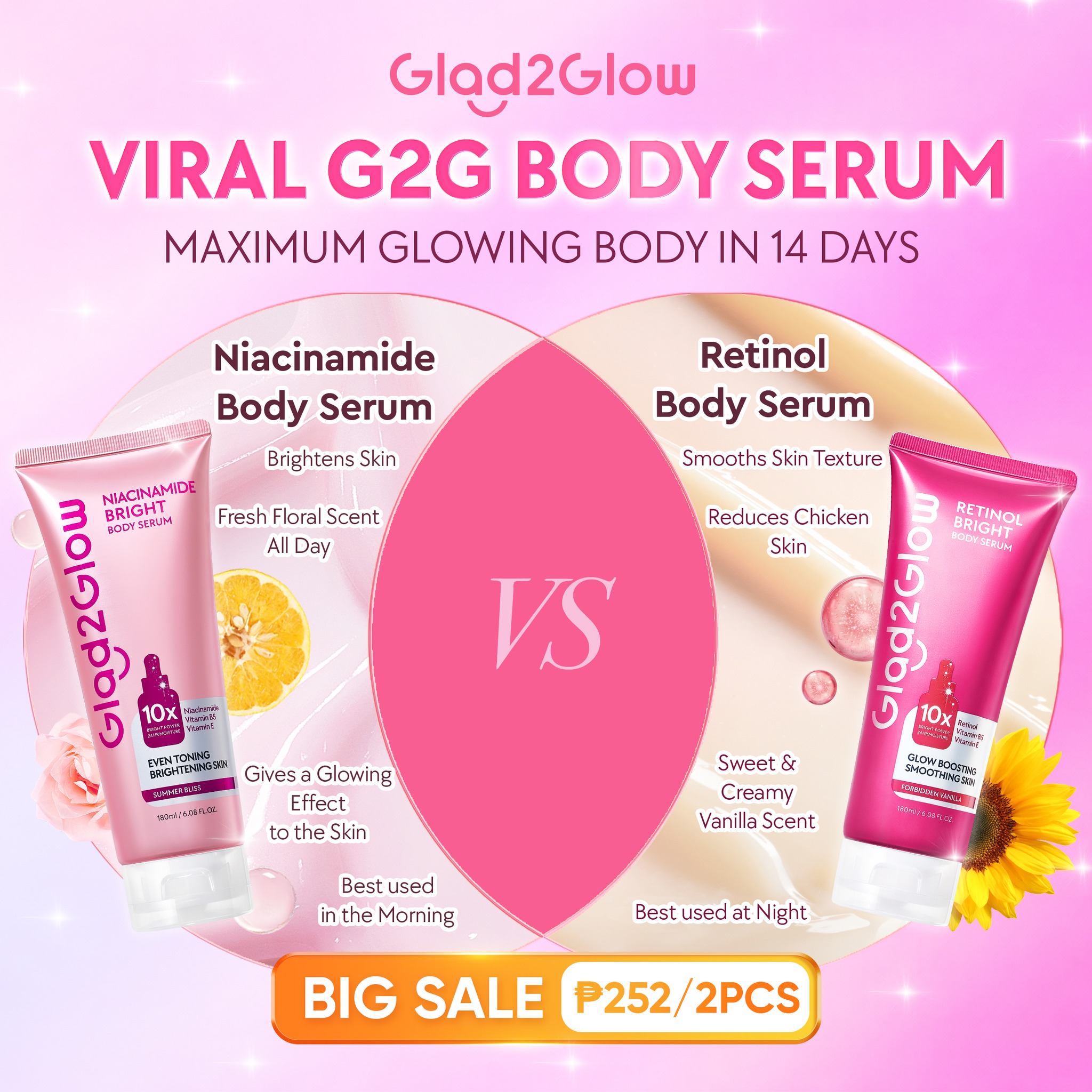 Glad2Glow.Philippines Facebook ad: ISANG SET, DALAWANG GLOW, DAY & NIGHT!