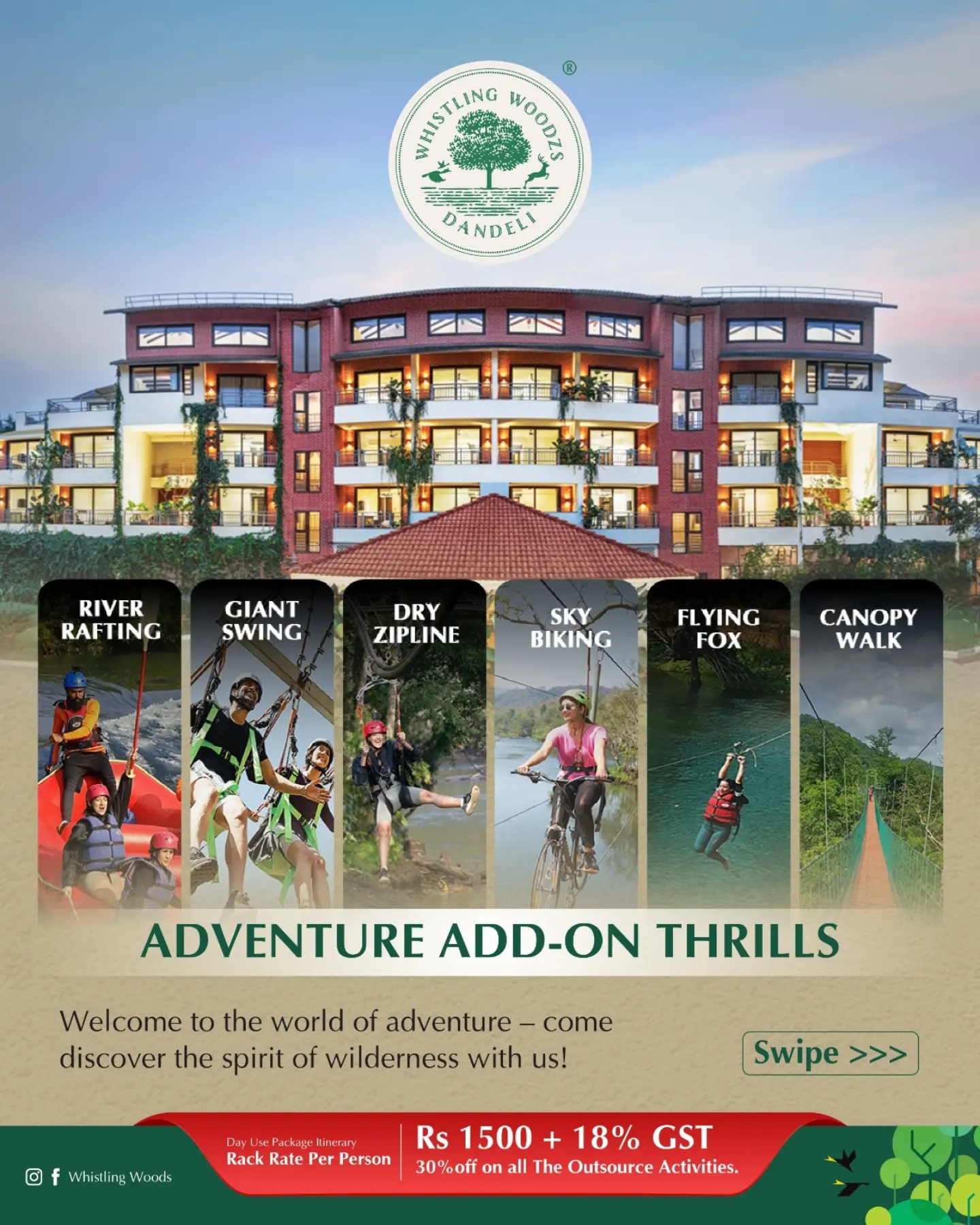 Whistling Woodzs Facebook ad: FLAT 30% OFF on all individual adventure activities…