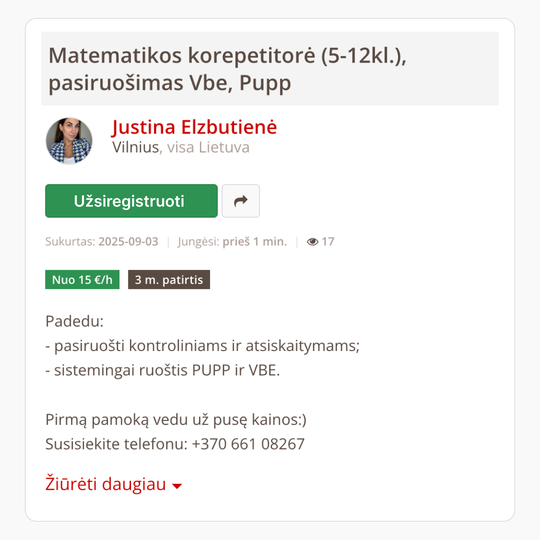 Korepetitorė Justina Elzbutienė Facebook ad: Išankstinė registracija