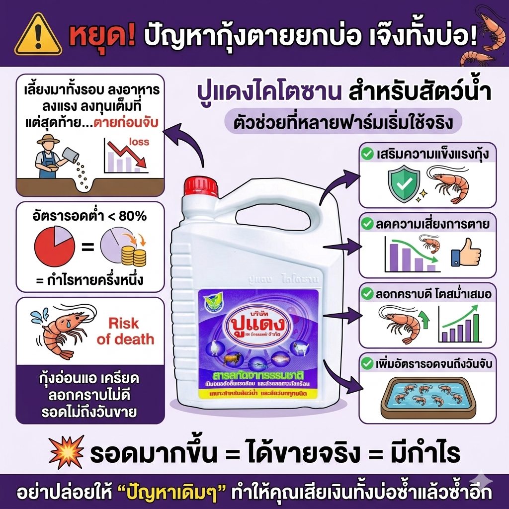 ไคโตซาน ปูแดง สำหรับ พืช และ สัตว์ Facebook ad: กุ้งตาย…ไม่ใช่แค่เสีย แต่คือ ‘เจ๊งทั้งบ่อ’