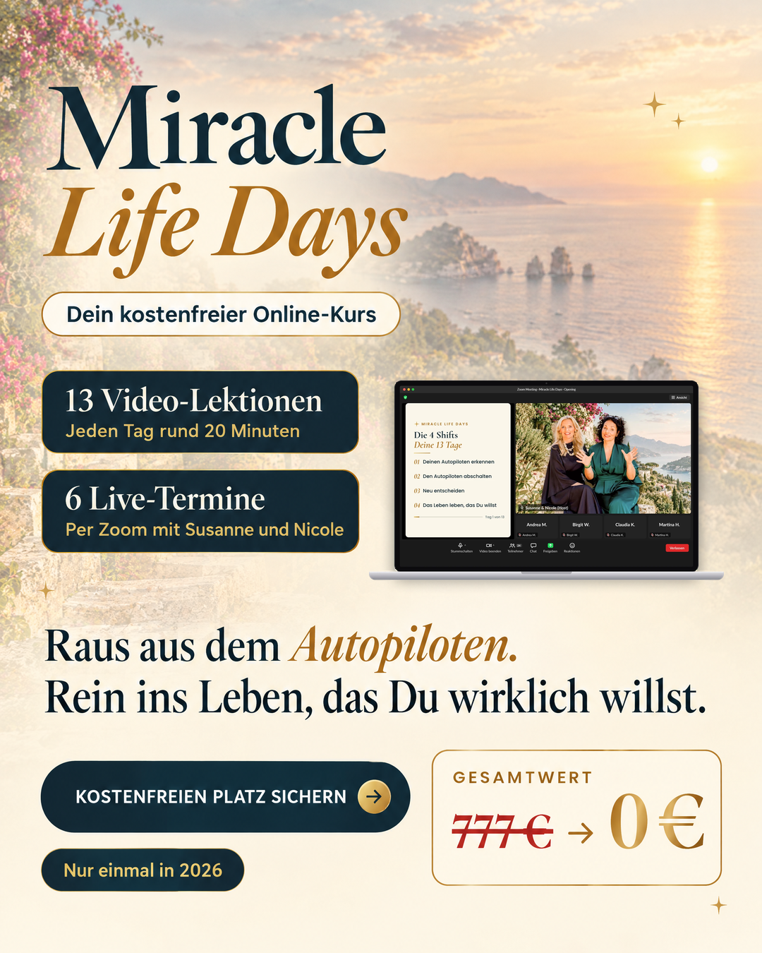 Susanne & Nicole Facebook ad: Kostenfreier Online-Kurs zum Leben, das Du wirklich willst