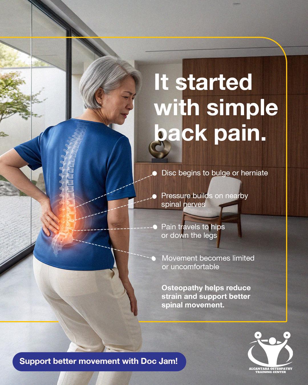 Dr. Jam Alcantara, Osteopath, Naprapath Facebook ad: That simple back pain can progress if ignored.