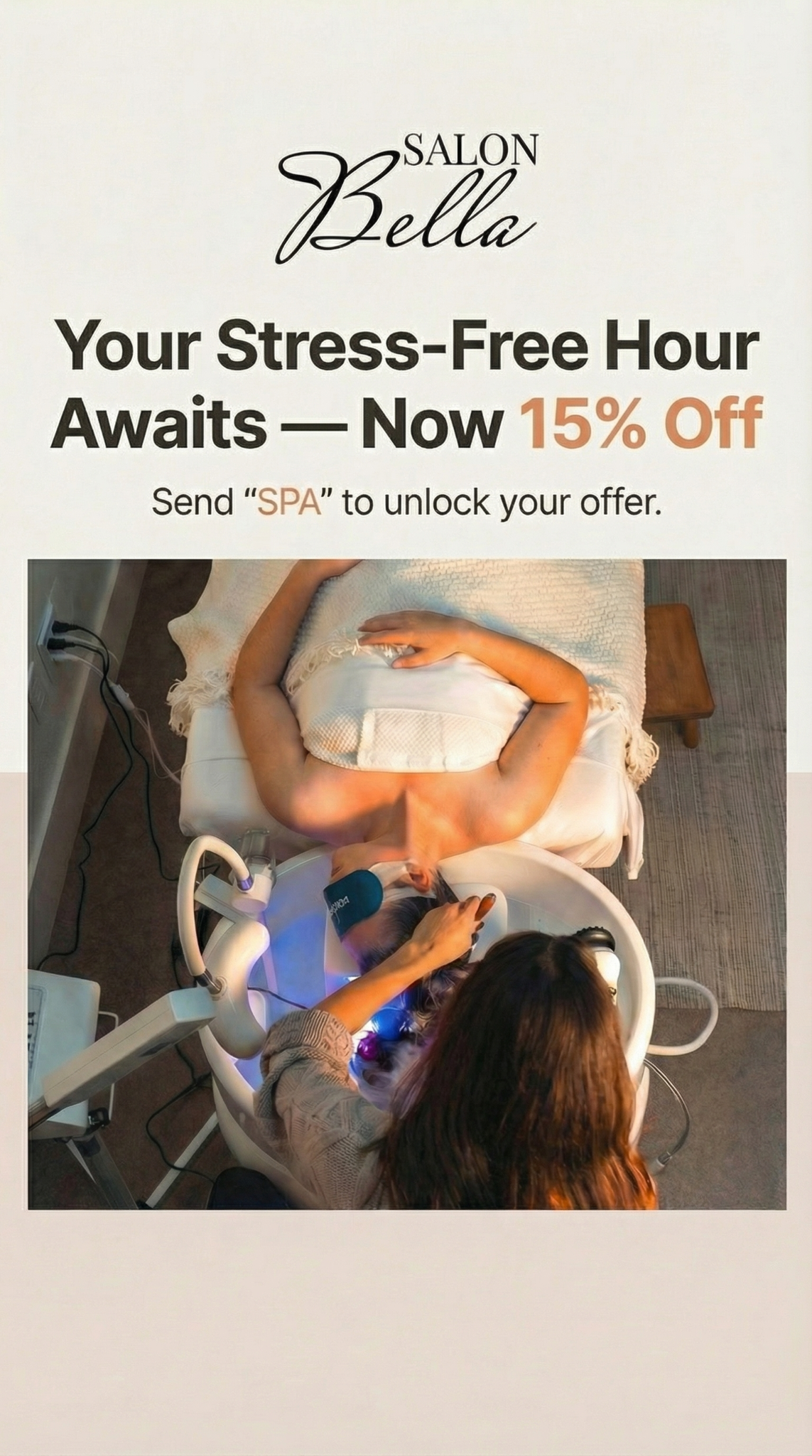 Salon Bella Facebook ad: 15 % off all spa services