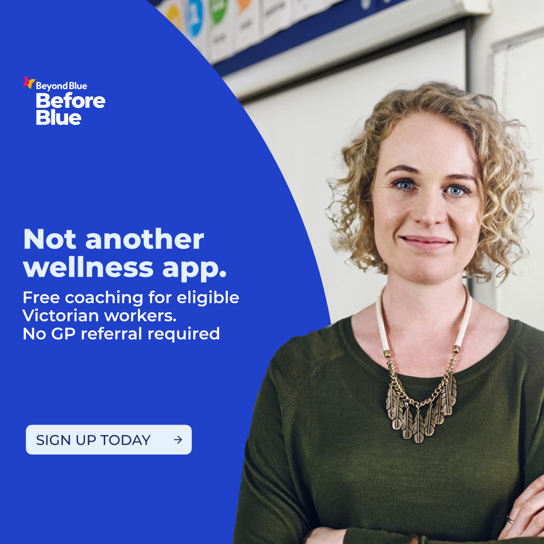 Beyond Blue Facebook ad: Free for eligible Victorian workers. No GP referral…