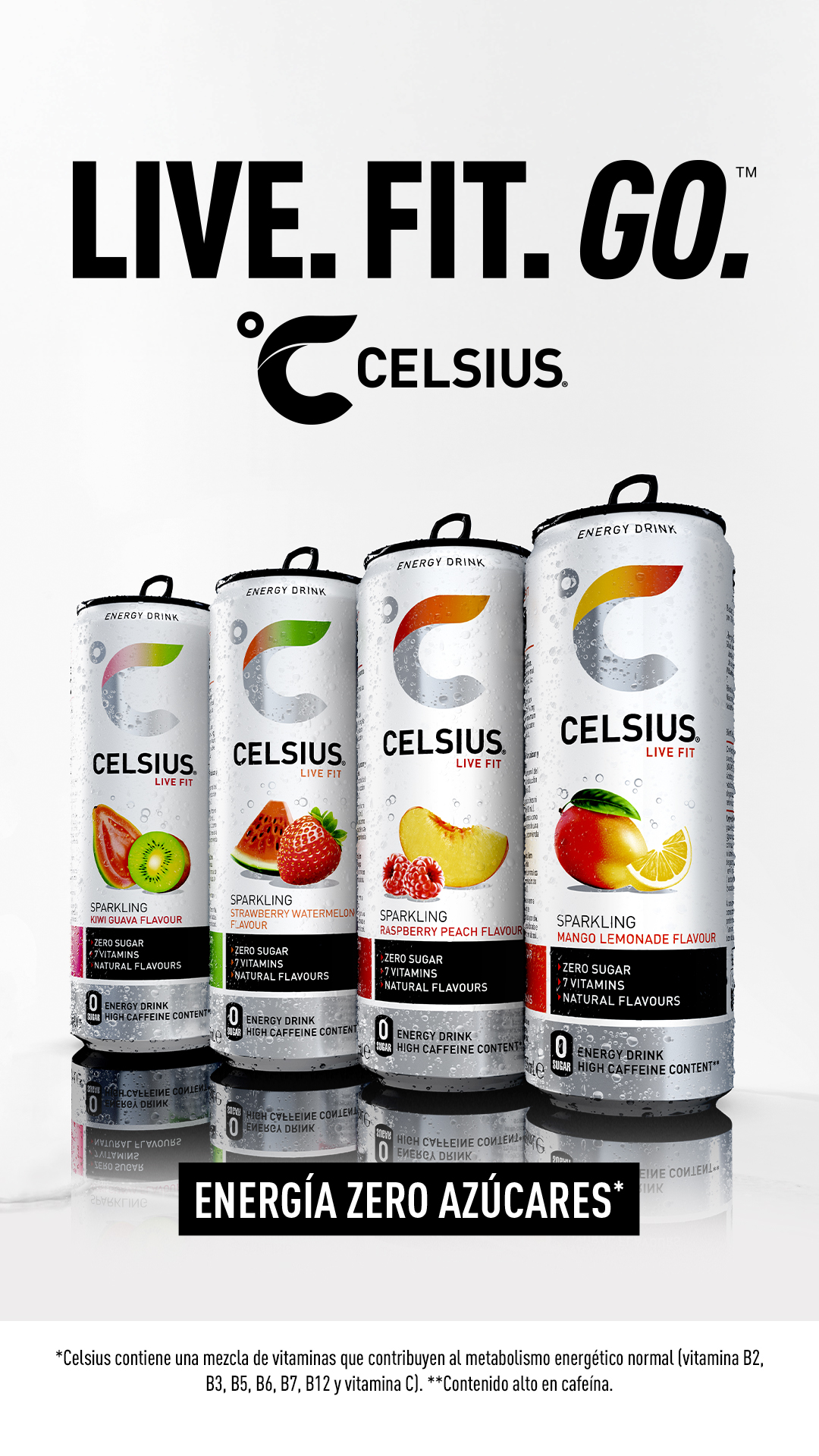 Celsius Europe Facebook ad: 4 sabores. Energía diaria