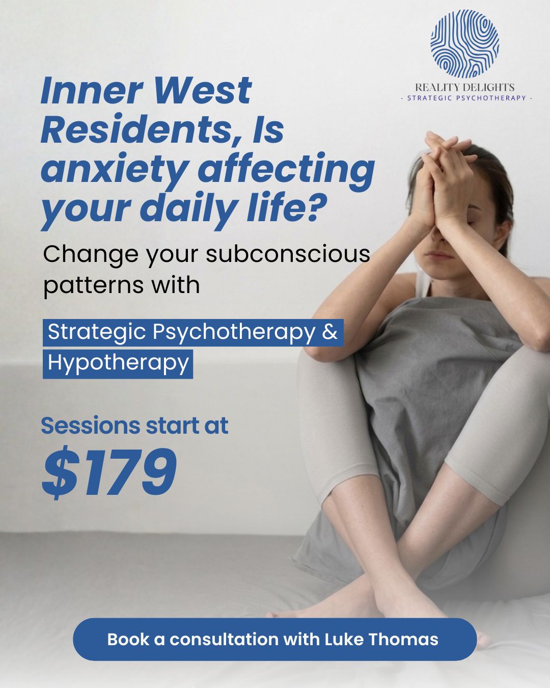 Reality Delights - Luke Thomas Facebook ad: Inner West Therapy Sessions, $179 Offer