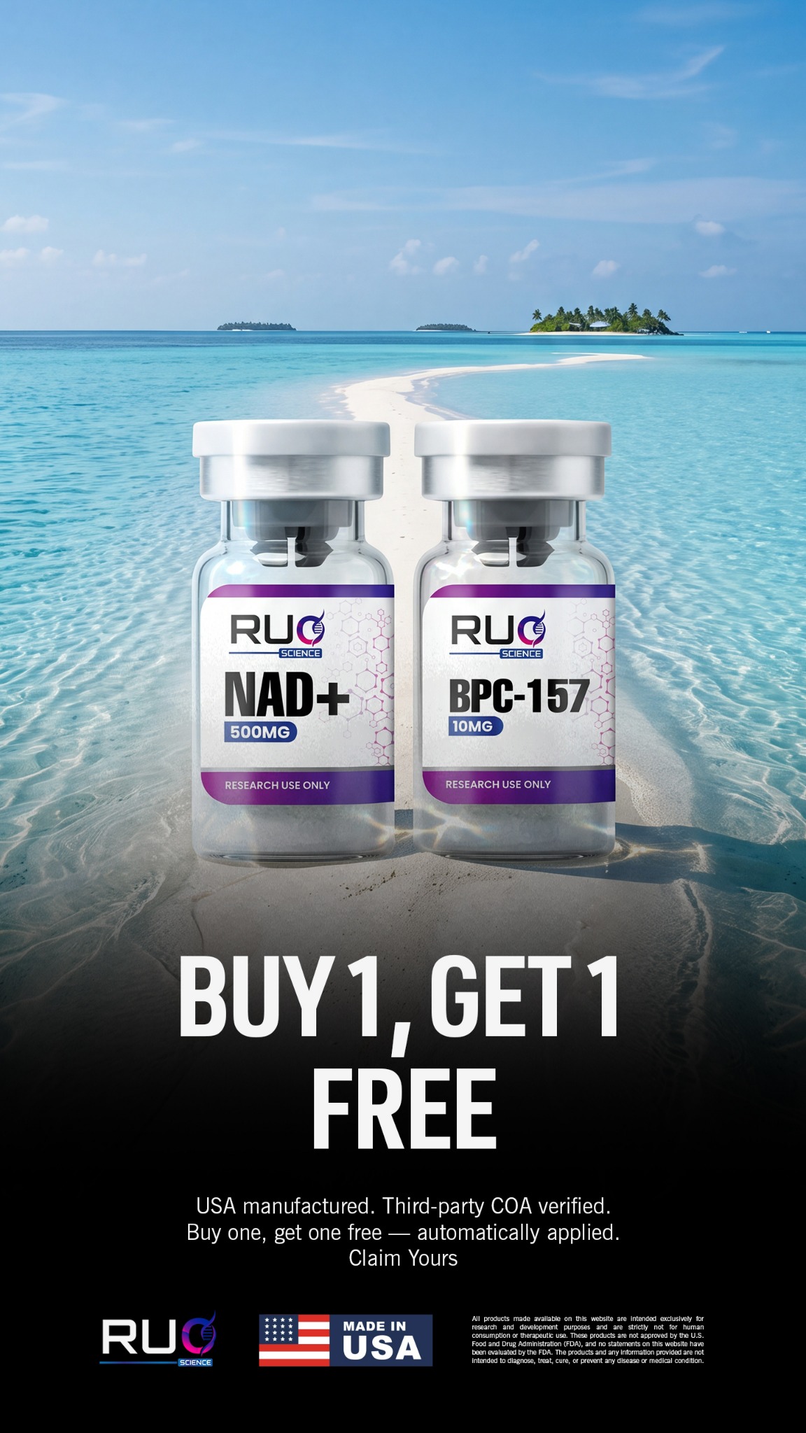 RUO Science Labs Facebook ad: Get Two For The Price Of One.