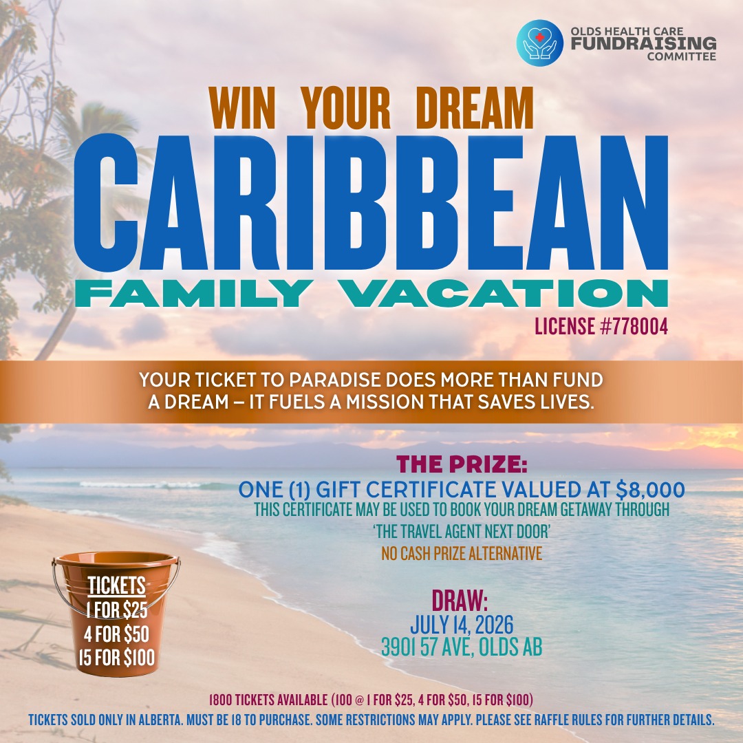 Olds Healthcare Fundraising Committee Facebook ad: Olds Caribbean Vacation Raffle Supporting the Olds…
