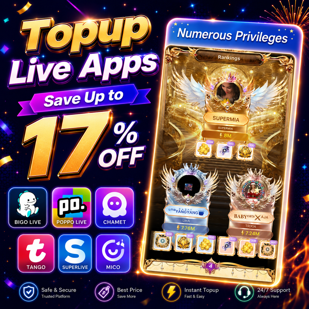 AppTopup.com Facebook ad: Save Up to 17% OFF on Live Top-Ups