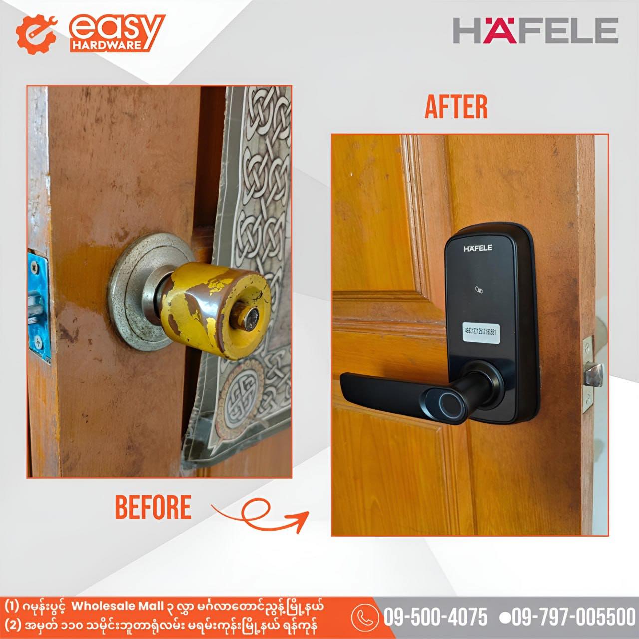 Easy Hardware Facebook ad: အိမ်တံခါးတိုင်းအတွက် Häfele DH2100 Smart Lock Installation…