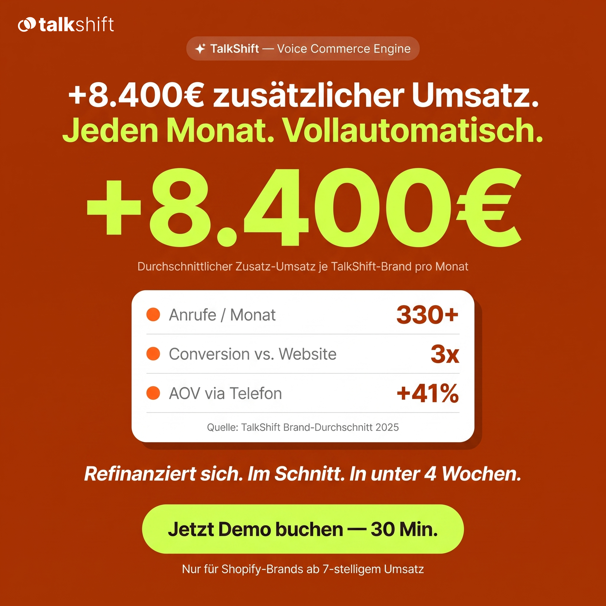 TalkShift Facebook ad: Deutschlands erster KI-Telefonservice für Shopify