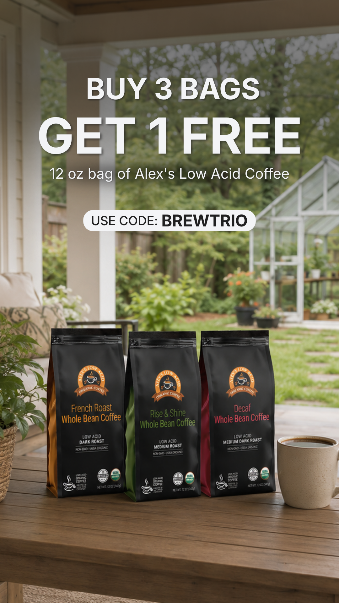 Alex's Low-Acid Organic Coffee Facebook ad