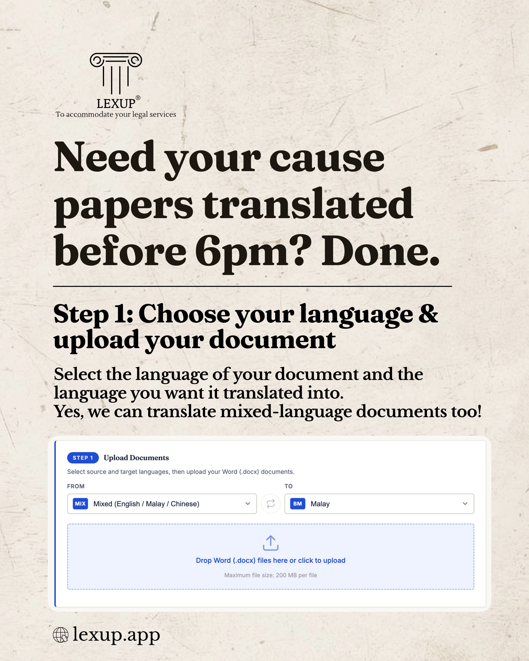 LEXUP Facebook ad: Need your cause papers translated before 6pm?