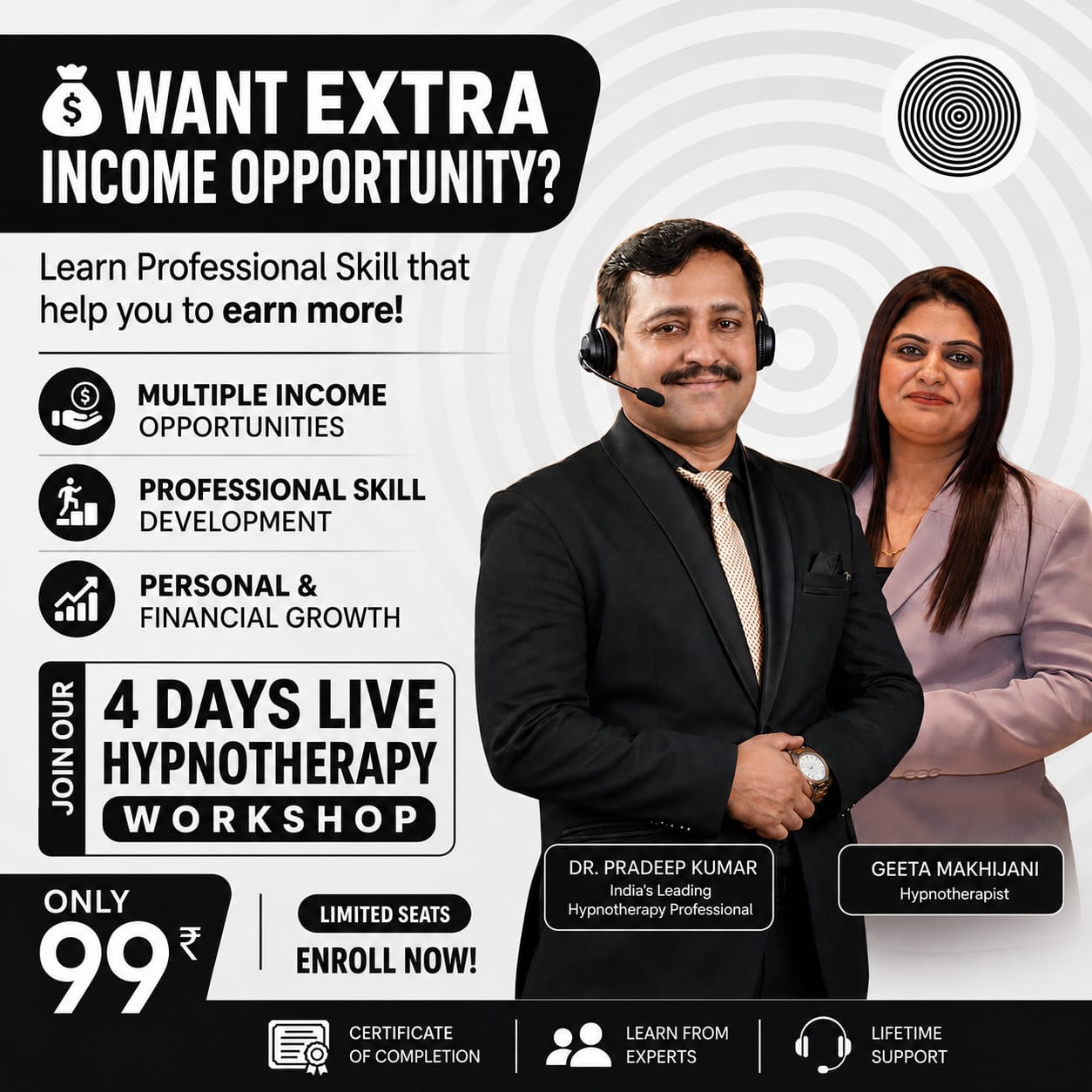 Blessings School of Hypnosis Facebook ad: Learn Life-Changing Hypnotherapy Techniques In Just 4 Days