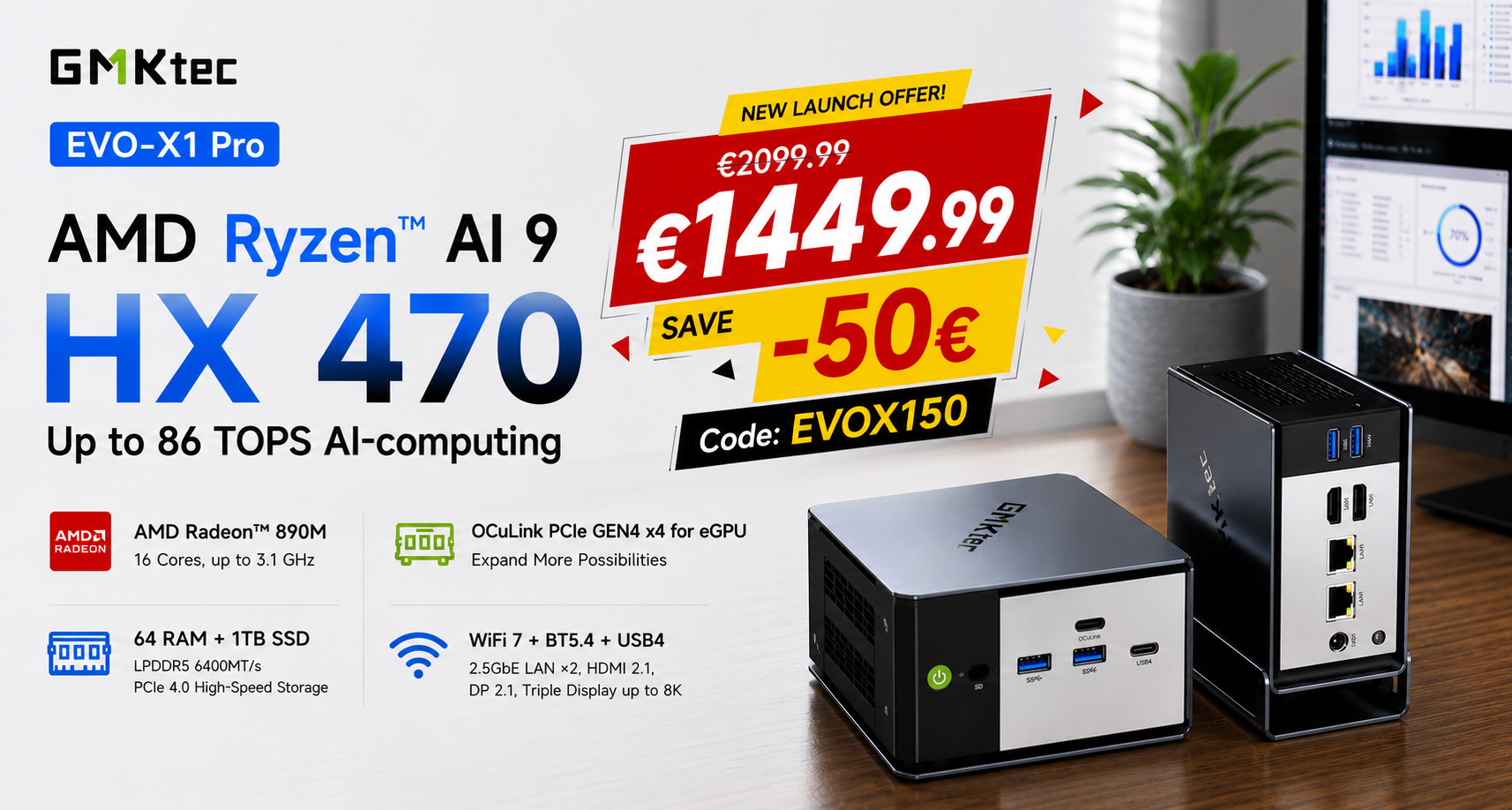 GMKtecEurope Facebook ad: Meet the GMKtec EVO-X1 AI Mini PC | AMD Ryzen AI 9 HX470