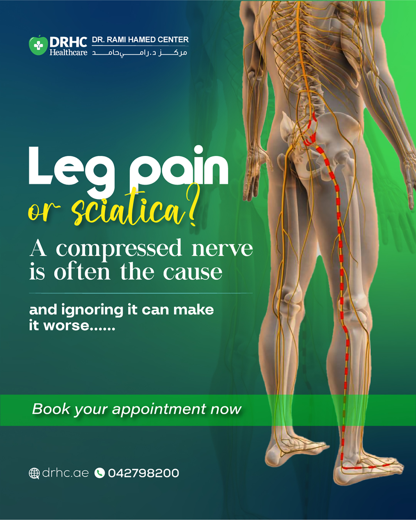 Dr Rami Hamed Center Facebook ad: Sciatica Needs Early Medical Evaluation