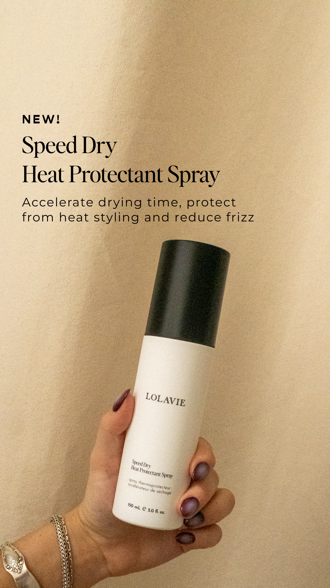 LolaVie Facebook ad: JUST LAUNCHED! Speed Dry Heat Protectant Spray
