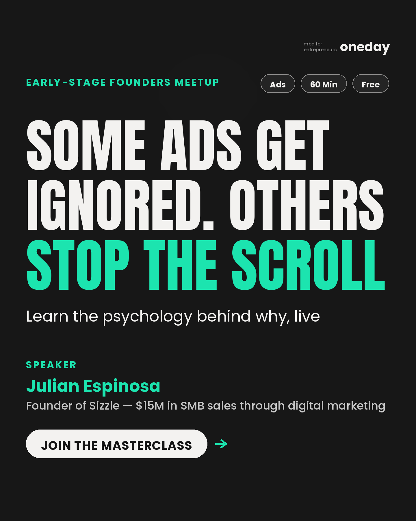 Oneday Facebook ad: Leave with tactics for content that stops the scroll