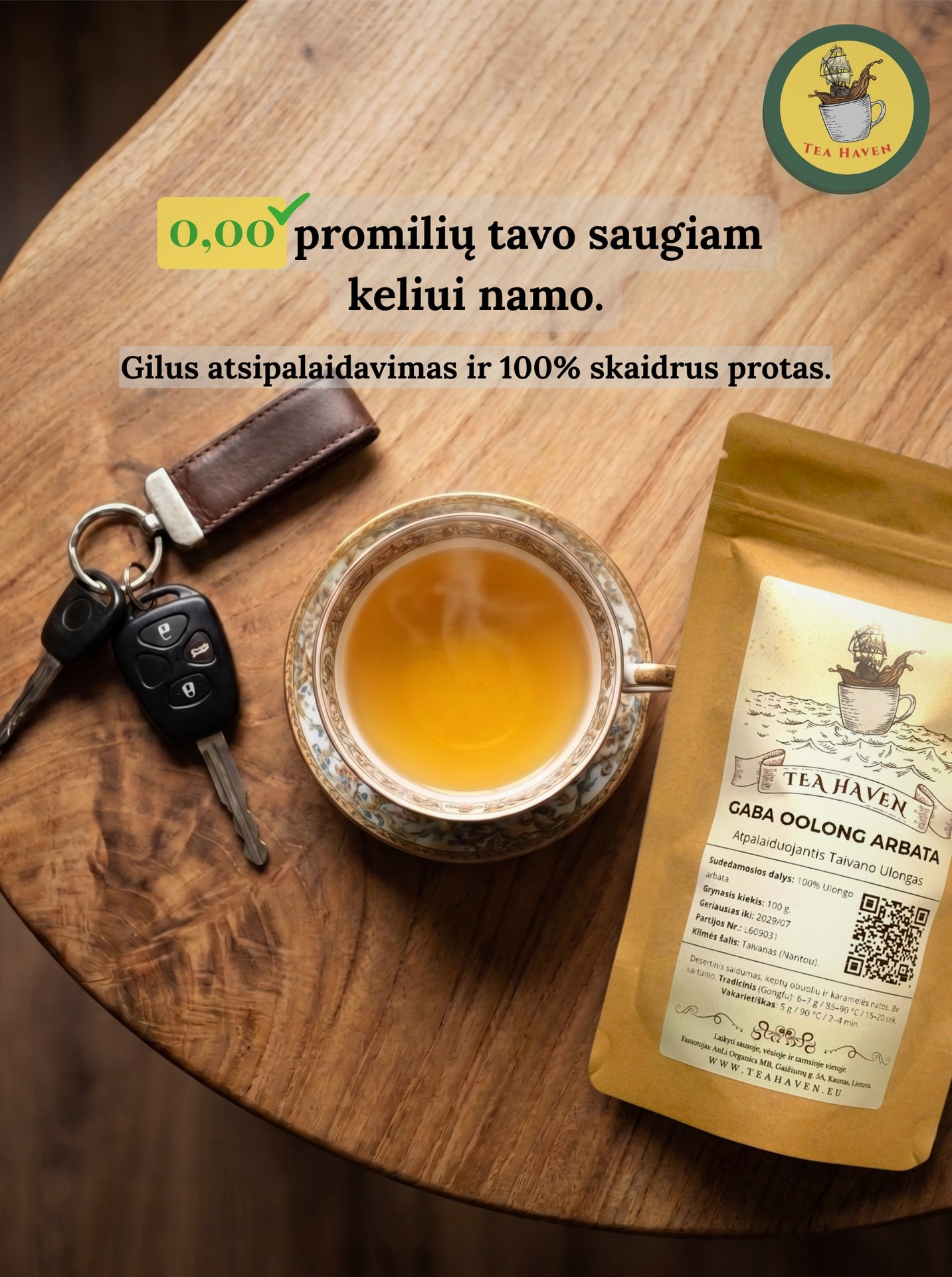 Tea Haven Facebook ad: 0.00 promilių. Vairuok drąsiai.